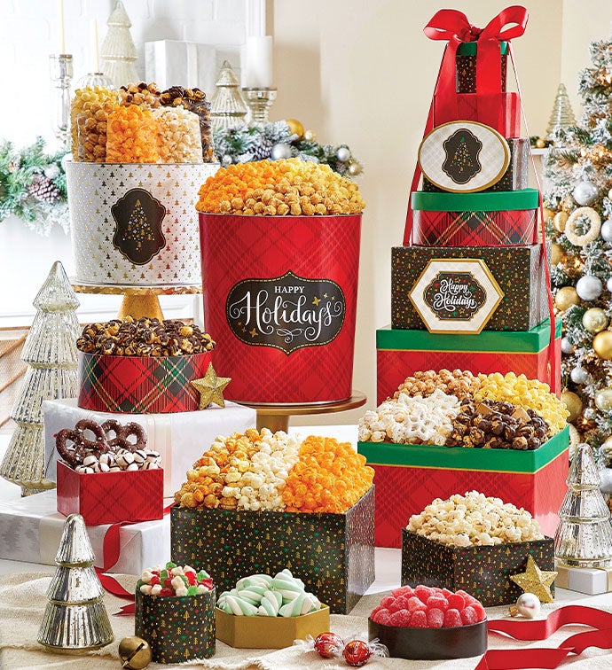 Happy Plaid 8 Gift Box Tower With 3 1/2 Gallon 3 Flavor Popcorn Tin And 2 Gallon Popcorn Assortment